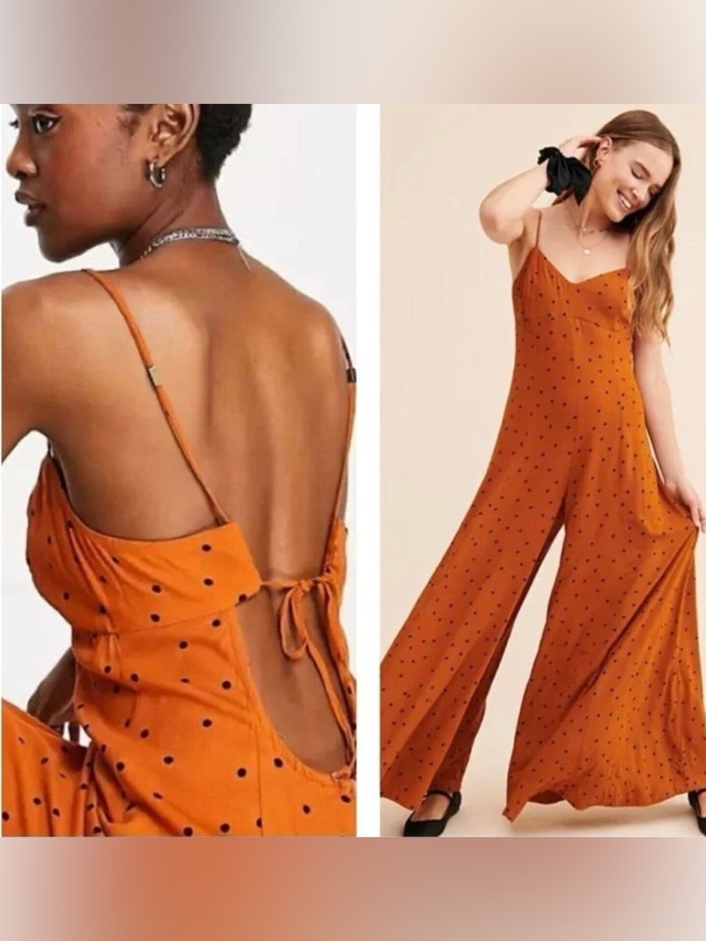 Free People Rust Orange Polka Dot Wide-Leg Jumpsuit